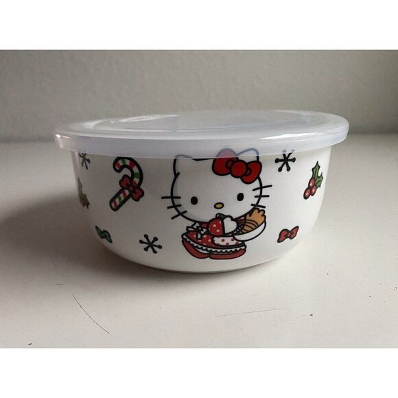 Hello Kitty Christmas Pressure Lid Ceramic Food Storage Bowl Container Large NEW - Picture 1 of 11